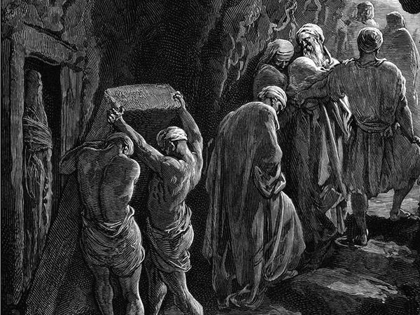 Woodcut by Gustave Doré of the burial of Sarah in the cave of the Machpelah